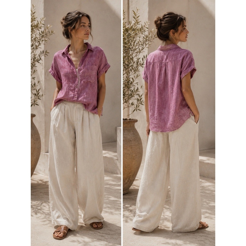 Rachel Zoe Shirt L Pink Linen Boxy fit Minimalist Beachy Coastal Scandinavian
